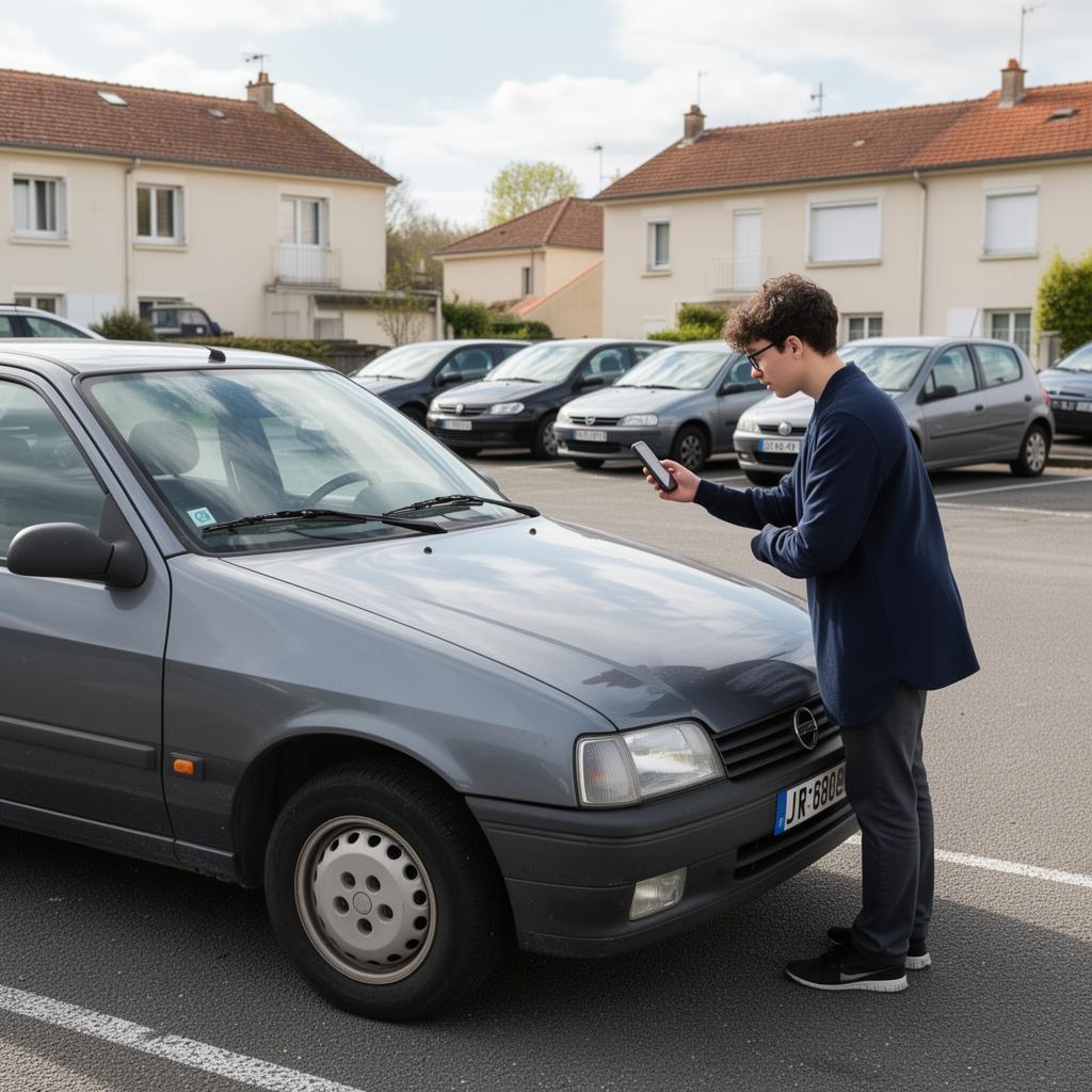 Acheteur inspectant une voiture d'occasion sur un parking avec son smartphone pour vérifier l'annonce Leboncoin