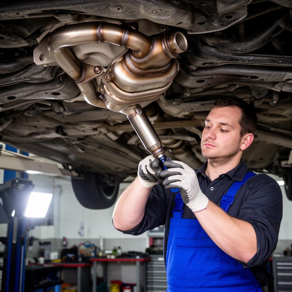 Mécanicien inspectant le catalyseur et le pot d'échappement sous une voiture levée dans un garage professionnel