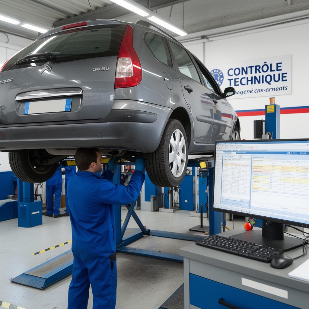 Voiture sur un pont élévateur lors du contrôle technique avec technicien et écran de résultats d'inspection