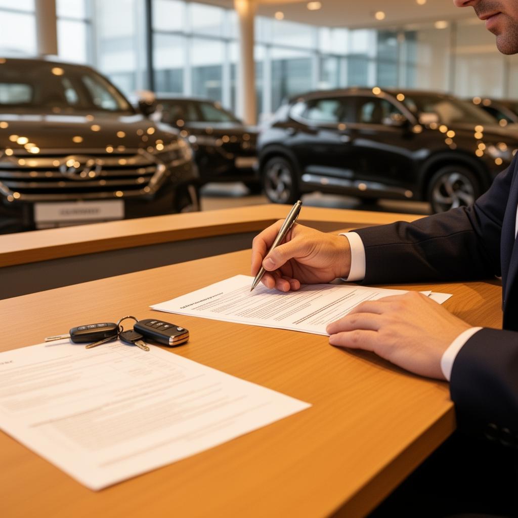 Signature d'un contrat de financement automobile dans une concession avec clés de voiture sur le bureau
