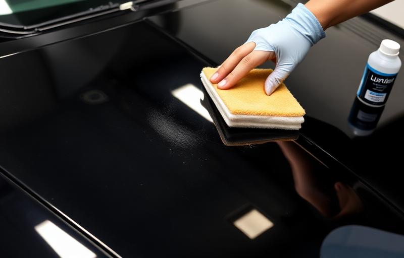 Application DIY d'un coating céramique sur capot de voiture noire avec applicateur