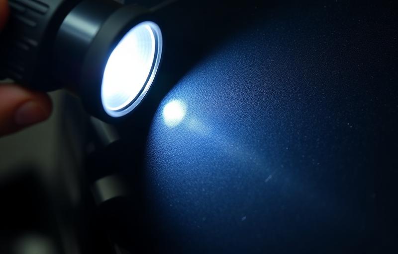 Lampe LED d'inspection révélant les swirls et micro-rayures sur peinture automobile noire