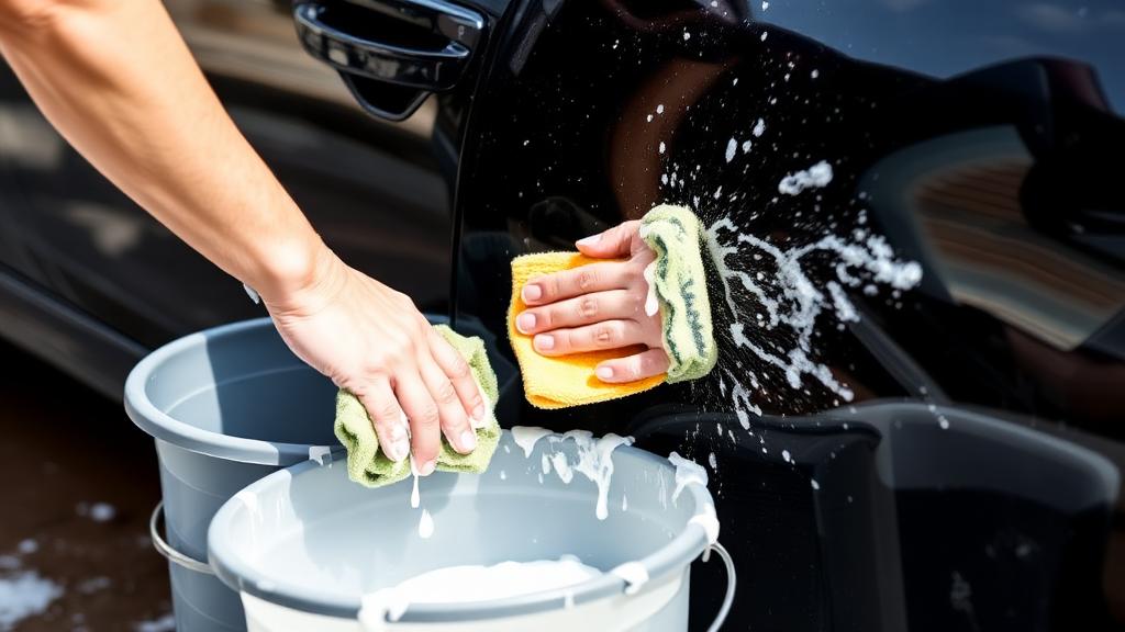 Lavage manuel d'une voiture avec un gant microfibre professionnel