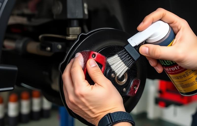 Nettoyage des étriers de frein d'une voiture avec brosse et dégraissant en atelier