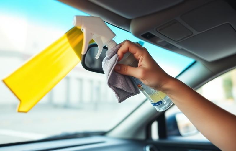 Nettoyage des vitres de voiture sans traces avec spray nettoyant et microfibre
