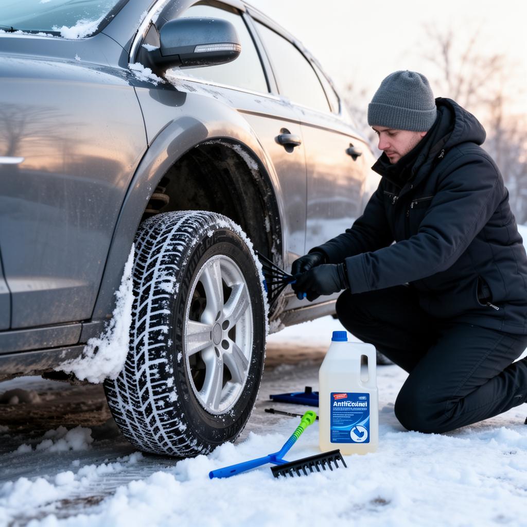 Automobiliste préparant sa voiture pour l'hiver : montage de pneus neige, bidon d'antigel et raclette à givre