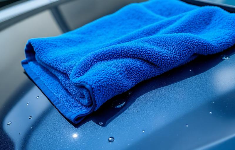 Serviette microfibre de séchage bleue posée sur capot de voiture fraîchement lavée