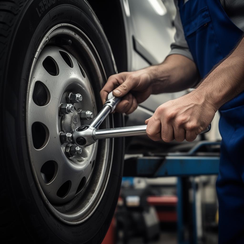 Mécanicien utilisant une clé dynamométrique pour serrer les écrous de roue dans un atelier automobile