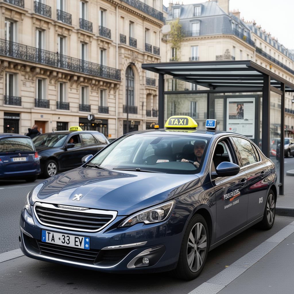 Taxi français Peugeot stationné à un arrêt de taxi dans une rue parisienne avec immeubles haussmanniens