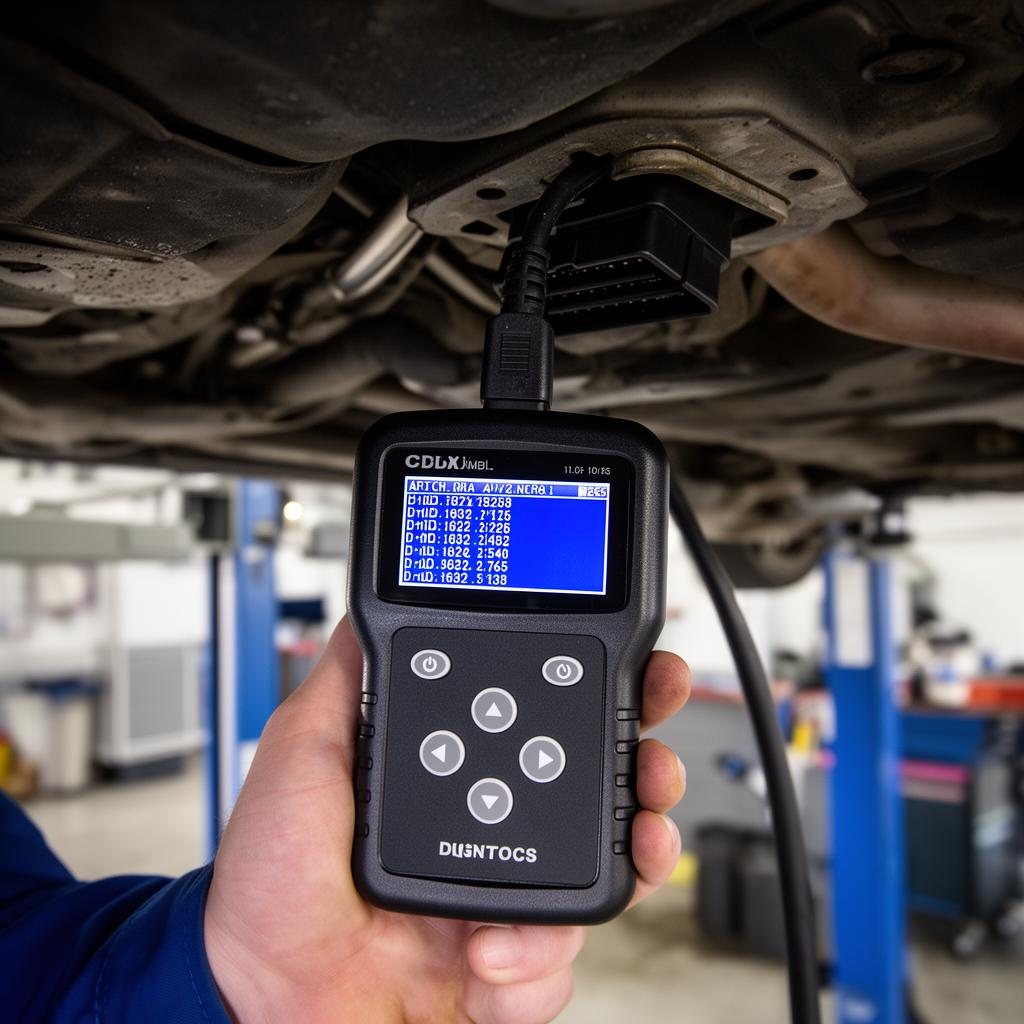 Valise diagnostic OBD2 branchée sur la prise diagnostic d'un véhicule affichant les codes défaut moteur