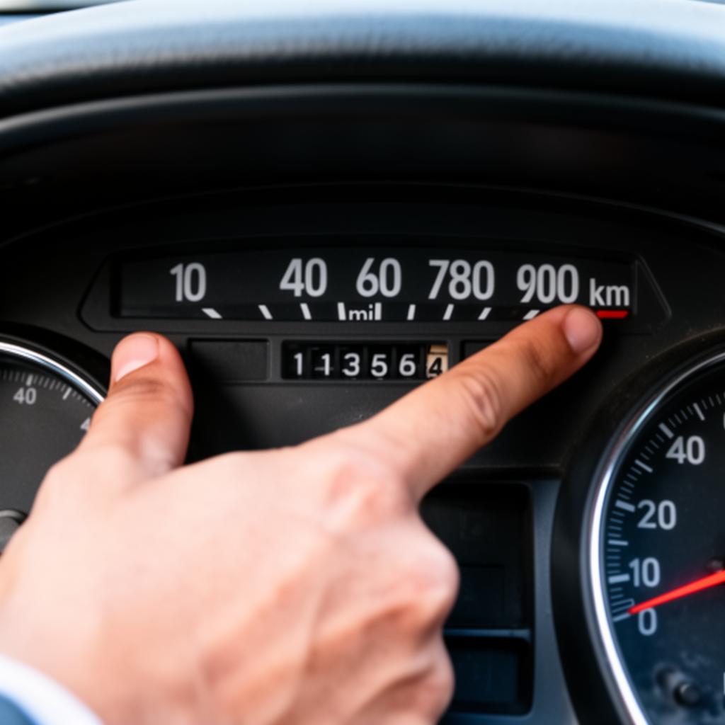 Gros plan sur le compteur kilométrique d'une voiture d'occasion avec un doigt pointant le kilométrage affiché